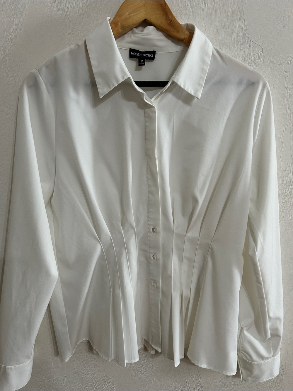 Modern Works White Collared Blouse Pleated Front & Back Size M